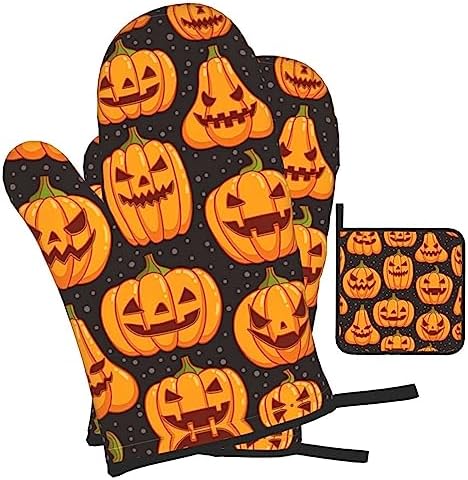 Halloween Pumpkin Pattern Oven Mitts and Pot Holders Set