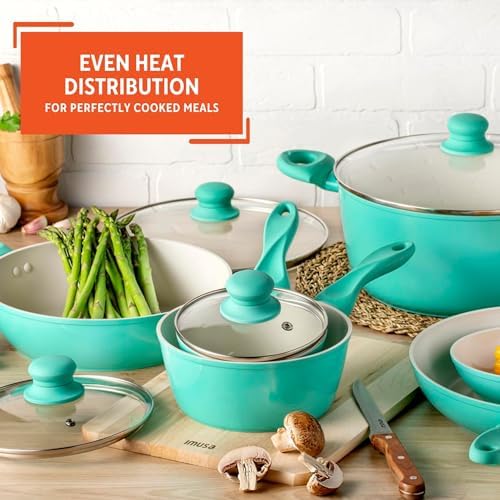 IMUSA 10pc Forged Aluminum Ivory Ceramic Cookware Set with Teal Handles