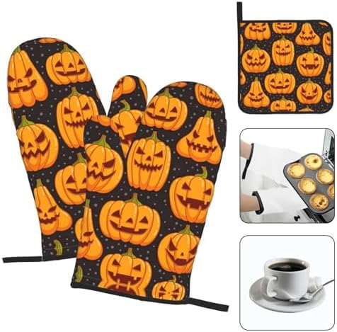 Halloween Pumpkin Pattern Oven Mitts and Pot Holders Set