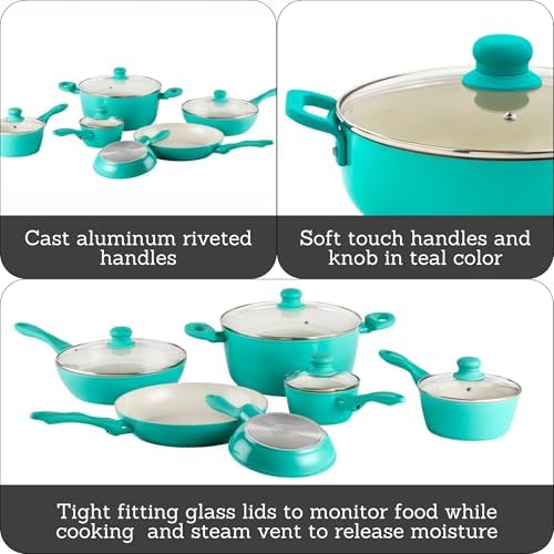 IMUSA 10pc Forged Aluminum Ivory Ceramic Cookware Set with Teal Handles