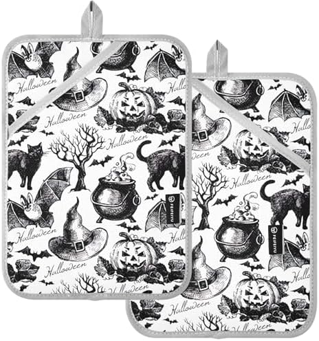 Custom Halloween Cat and Pumpkin Oven Mitts - Heat-Resistant Potholders - Set of 2
