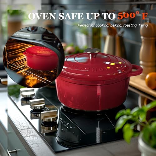 Overmont 7QT Enameled Cast Iron Dutch Oven with Lid and Cookbook