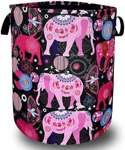 Pink Mandala Elephants Foldable Laundry Basket with Handles