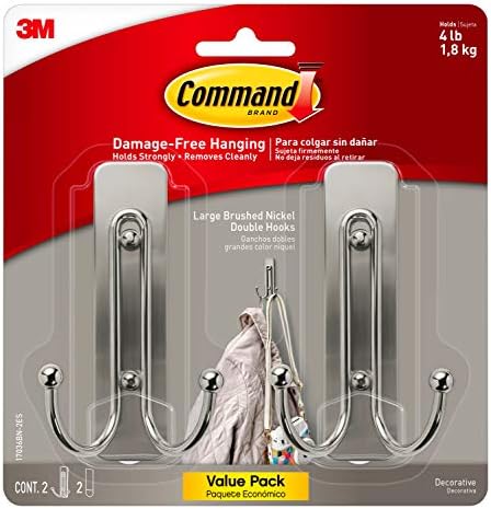 Command Large Brushed Nickel Double Hooks or Your Name HangingWallHolderWithAdhesiveStrips HoldsUpTo4Pounds