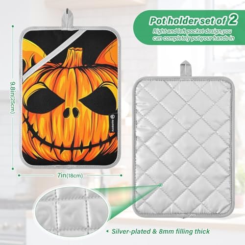 Pumpkin Halloween Skull Potholders with Pockets 2 Pack