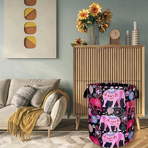 Pink Mandala Elephants Foldable Laundry Basket with Handles