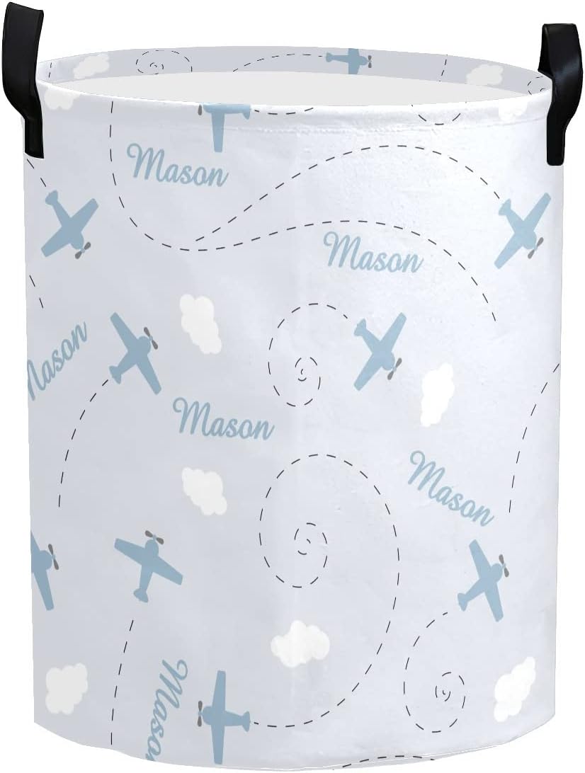 Personalized Laundry Basket Hamper with Airplane Blue Clouds Name Text