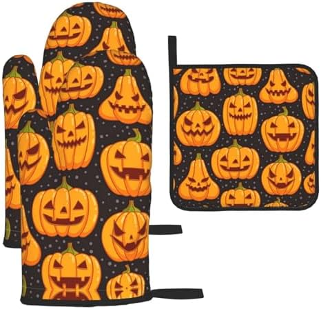Halloween Pumpkin Pattern Oven Mitts and Pot Holders Set