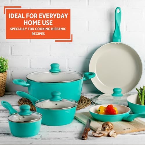 IMUSA 10pc Forged Aluminum Ivory Ceramic Cookware Set with Teal Handles