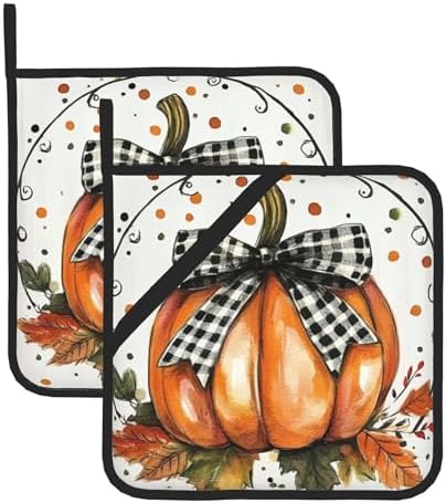 Orange Polka Dots Fall Pumpkin Pot Holder Set of 2