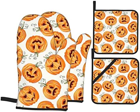 Halloween Pumpkin Oven Mitts and Pot Holders Set of 4