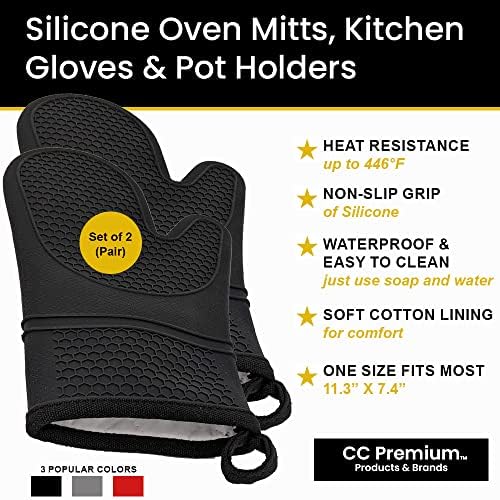 Black Heat Resistant Silicone Oven Mitts Pair of 2