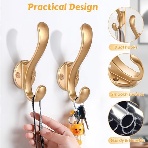 6 Pack Gold Wall Coat Hooks Heavy Duty Double Hooks