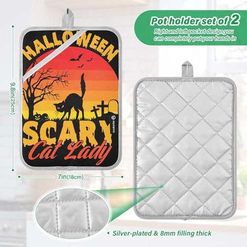 Halloween Scary Cat Lady Potholders Set with Pockets