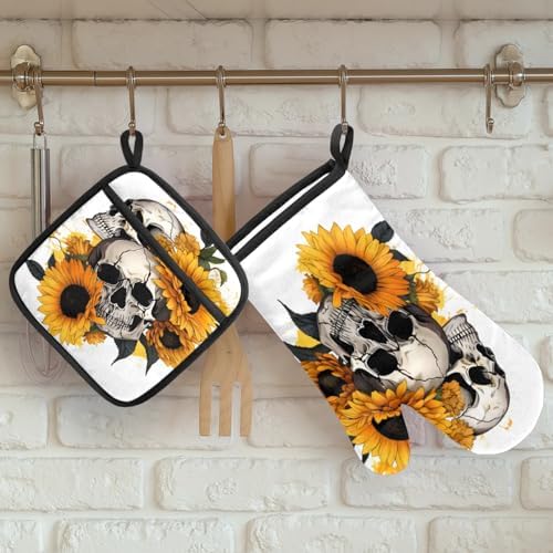Sunflowers Skull Oven Mitt Set