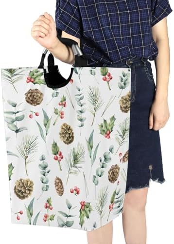 Collapsible Laundry Basket with Handles Waterproof Nursery Storage Christmas Pinecone Design