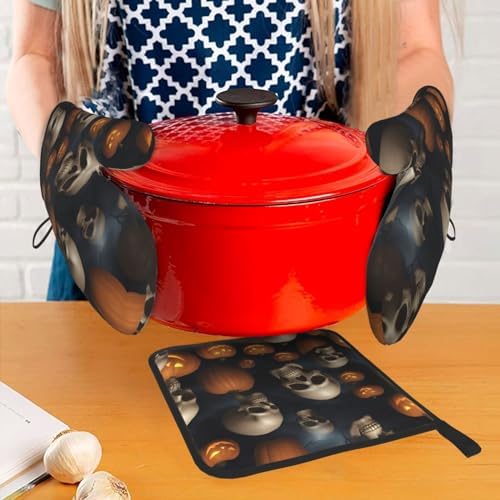Ogniwo Halloween Skull Heat Resistant Oven Mitts and Pot Holders Set 3pcs