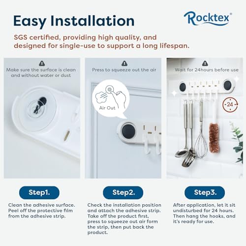 Rocktex No-Drill Wall Hooks - Heavy Duty Easy to Use