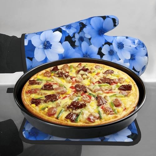 Premium Blue Flower Printed Oven Mitts Pot Holders Heat-Resistant and Durable