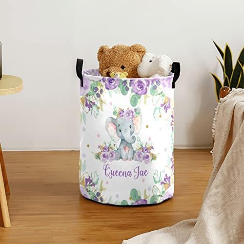 Purple Floral Elephant Laundry Basket with Waterproof PE Coating