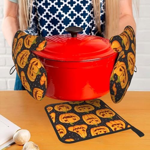 Halloween Pumpkin Pattern Oven Mitts and Pot Holders Set