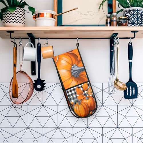 Halloween Pumpkin Plaid Oven Mitts Heat Resistant Gloves for Cooking Grilling Homeuse