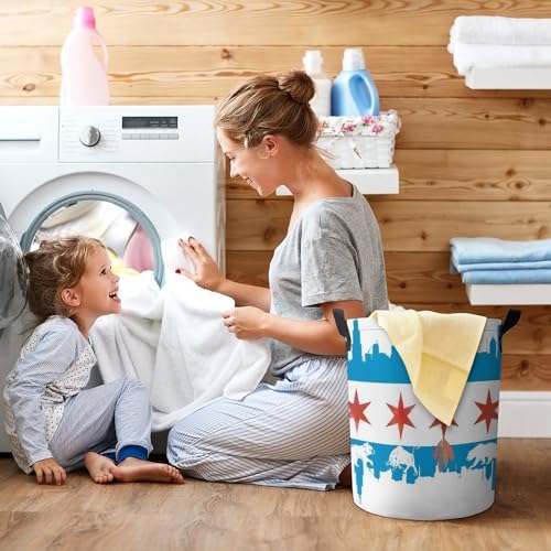 Chicago Flag Skyline Bear Laundry Basket Round Collapsible
