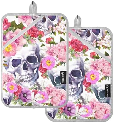 Summer Halloween 2-Piece Potholders Floral Skull Heat-Resistant Kitchen mitts