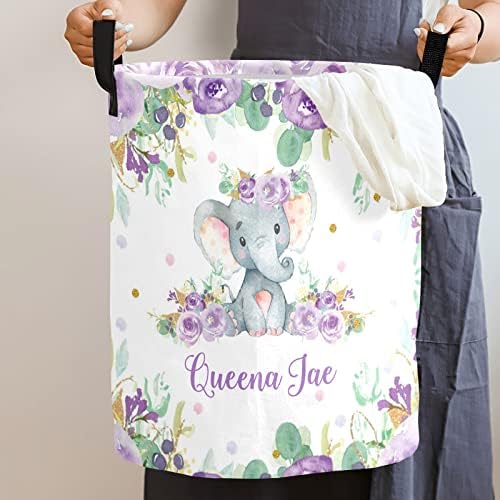 Purple Floral Elephant Laundry Basket with Waterproof PE Coating