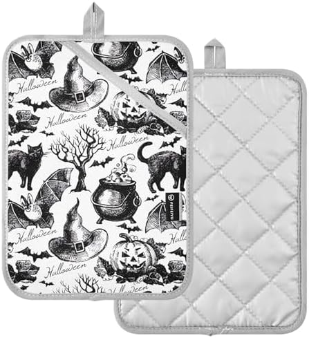 Custom Halloween Cat and Pumpkin Oven Mitts - Heat-Resistant Potholders - Set of 2