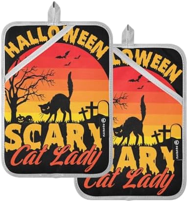 Halloween Scary Cat Lady Potholders Set with Pockets