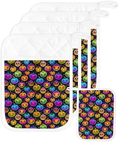 5 Piece Halloween Rainbow Pumpkin Potholders for Kitchen Use - Heat-Resistant Durable