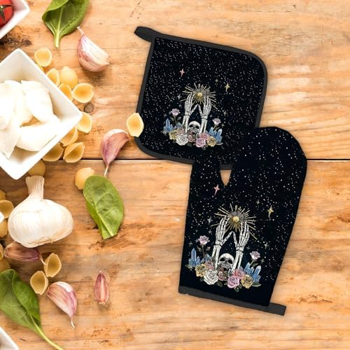 mouthwatering bone-structured black gothic oven mitts and pot holders sets