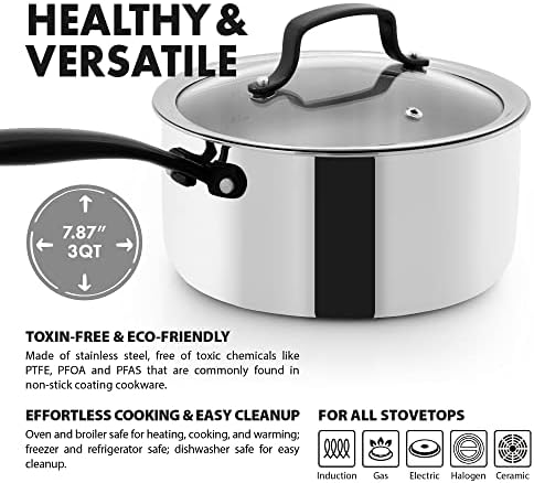GRANDTIES 3 QT Stainless Steel Saucepan PVD Coated