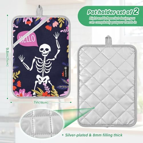 2Pcs Hello Skeleton Potholder Set Non-Slip Heat Resistant