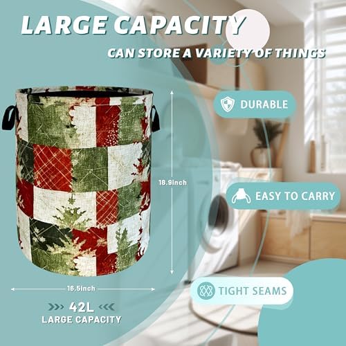 Christmas Laundry Basket with Tree Print Foldable Oxford Tote Bag
