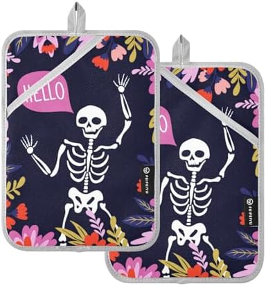 2Pcs Hello Skeleton Potholder Set Non-Slip Heat Resistant