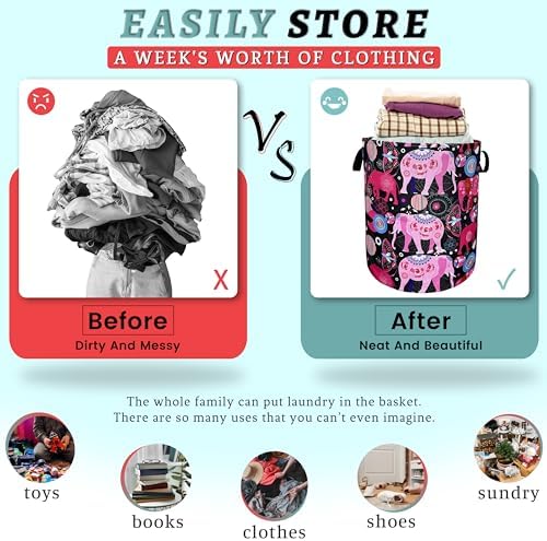 Pink Mandala Elephants Foldable Laundry Basket with Handles
