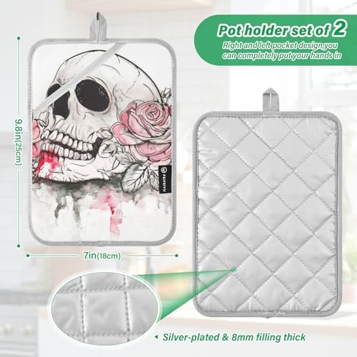 Two-Piece Halloween Pink Rose Skull Pot Holder Set
