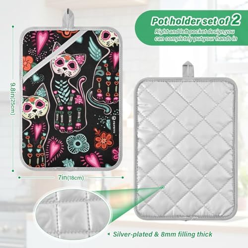 Frighteningly Perfect 2-Piece Skull Cat Halloween Pot Holder Set