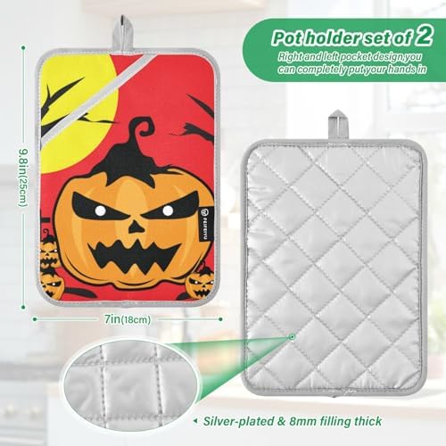 2Pcs Halloween Jack-o-Lantern Pot Holder Set Non-Slip Potholders with Pockets