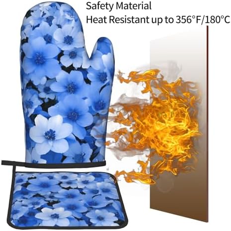 Premium Blue Flower Printed Oven Mitts Pot Holders Heat-Resistant and Durable