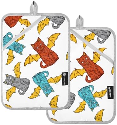 2-Piece Cat Wing Potholders Halloween Kitchen PawsNon-Stick Heat-Resistant