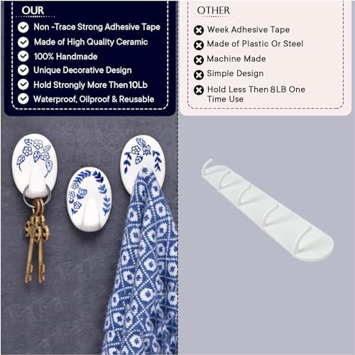 3 Hooks 6 Strips - White Blue Coats Towels Hanging Hook