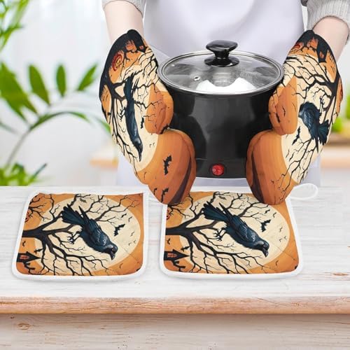 Exclusive Halloween Oven Mitts Pot Covers Set Heat-Resistant for Kitchen Use