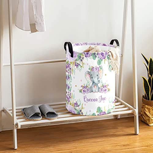 Purple Floral Elephant Laundry Basket with Waterproof PE Coating