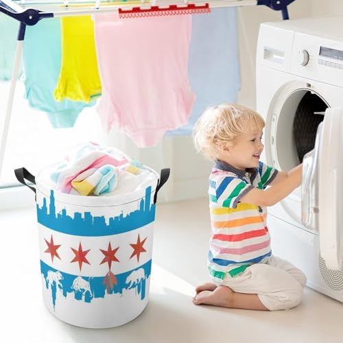 Chicago Flag Skyline Bear Laundry Basket Round Collapsible
