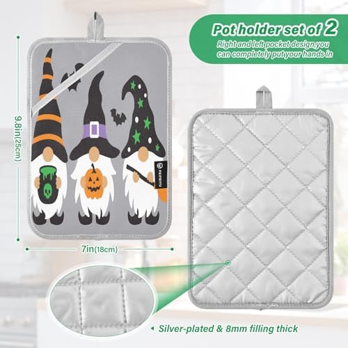 Happy Halloween Black Bat Kitchen Potholders 2-Pack Pumpkin Gnome Oven Hot Pads