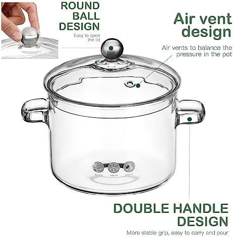 EROGO Essential Glass Saucepan with Lid 1900ml Heat-Resistant