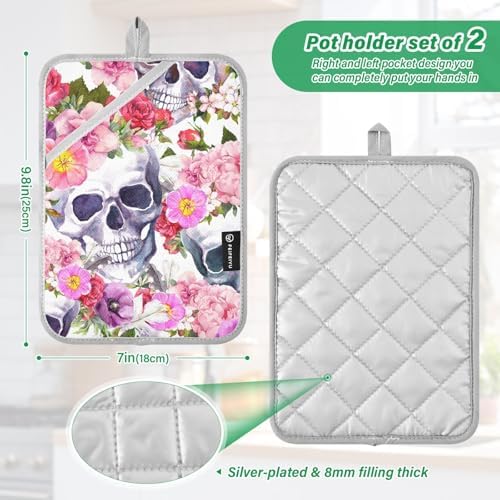 Summer Halloween 2-Piece Potholders Floral Skull Heat-Resistant Kitchen mitts